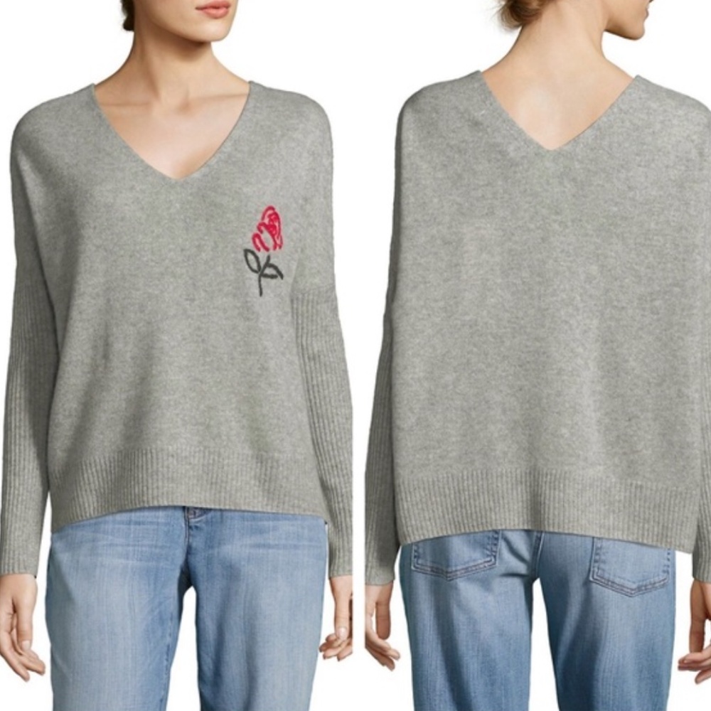 Wildfox Grey Cashmere Red Rose Embroidered V Neck Sweater